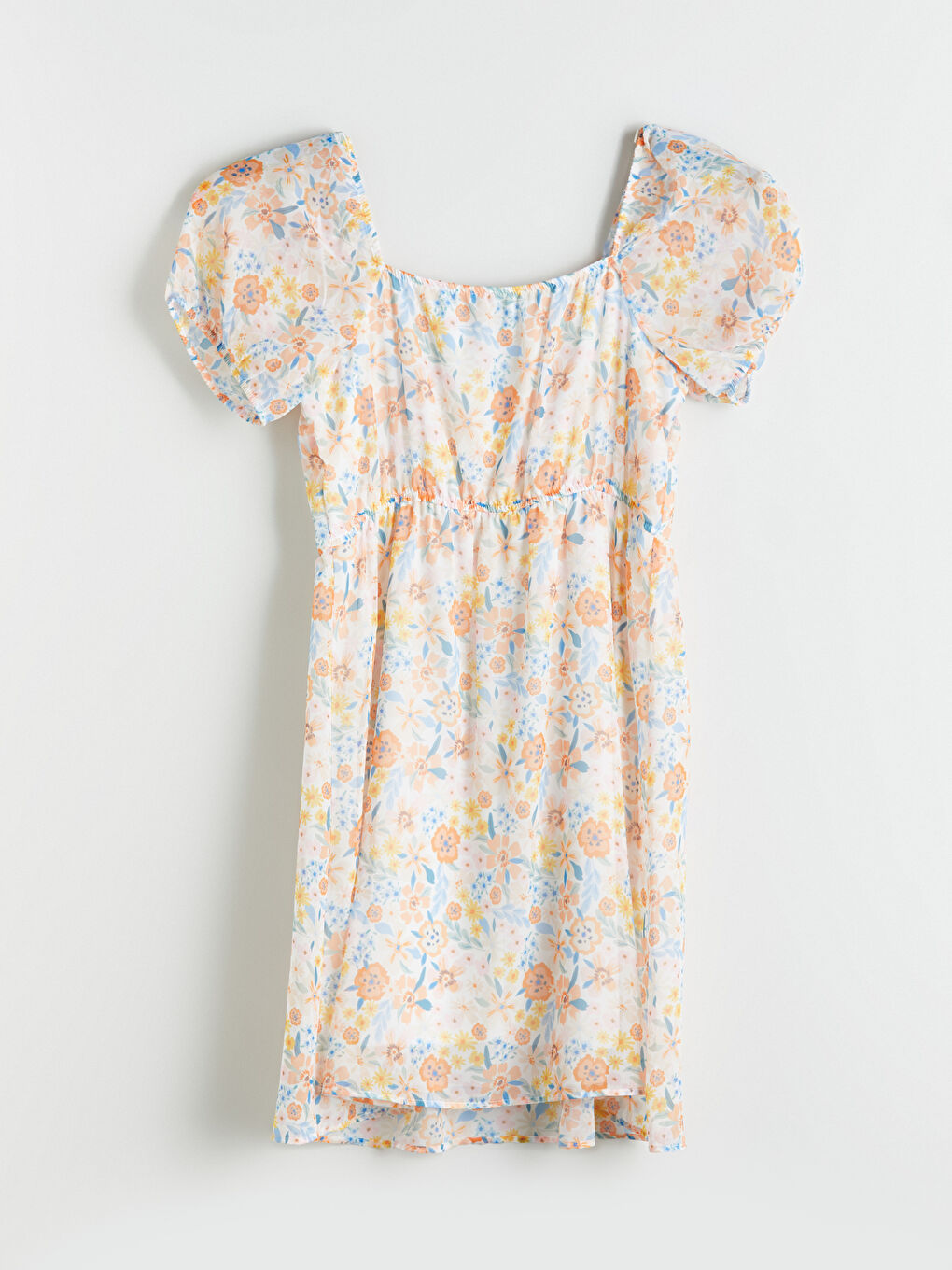 Sarı Kalp Yaka Çiçekli Balon Kollu Elbise-5