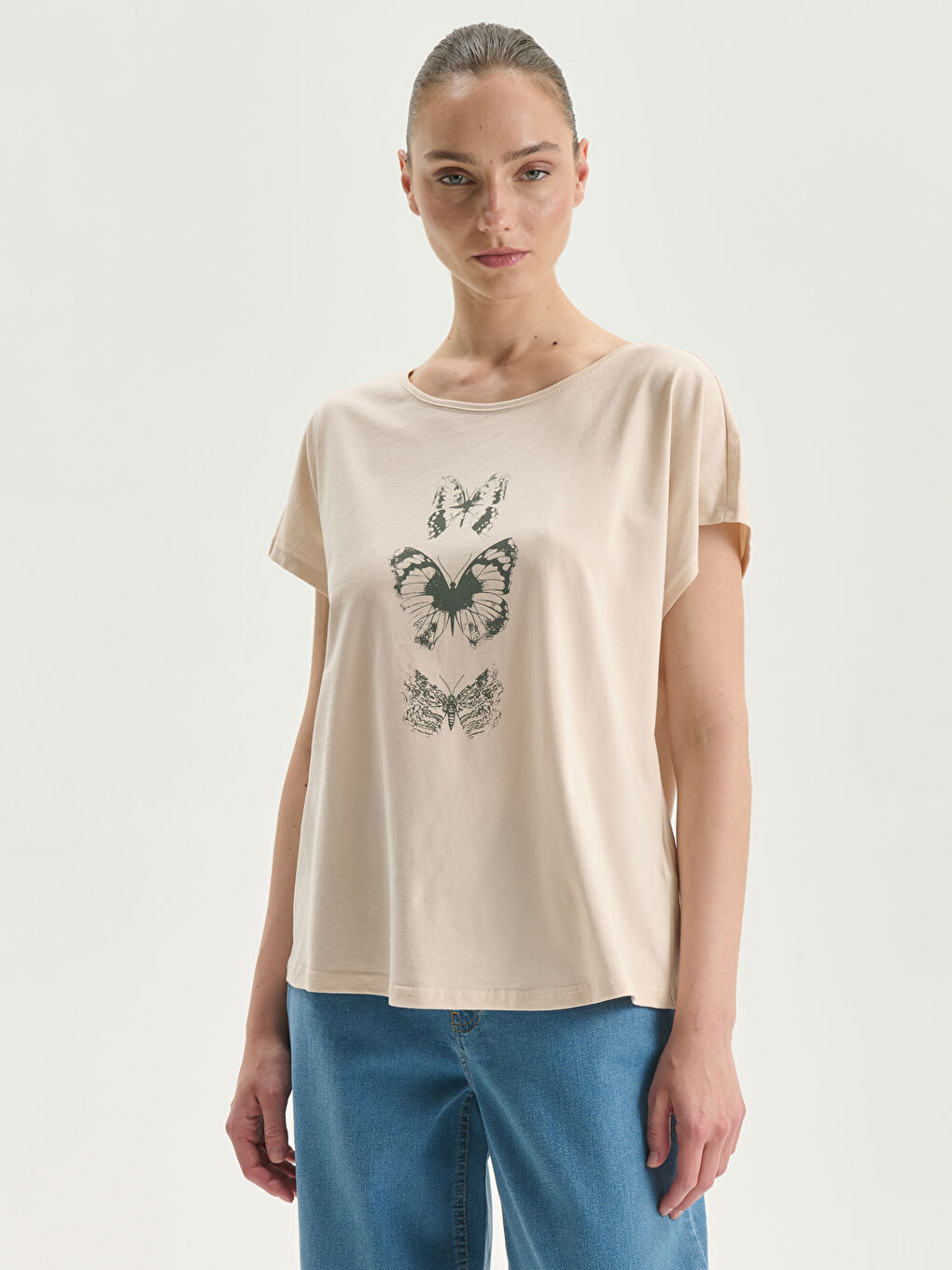 Crew Neck Butterfly Printed Women's T-Shirt