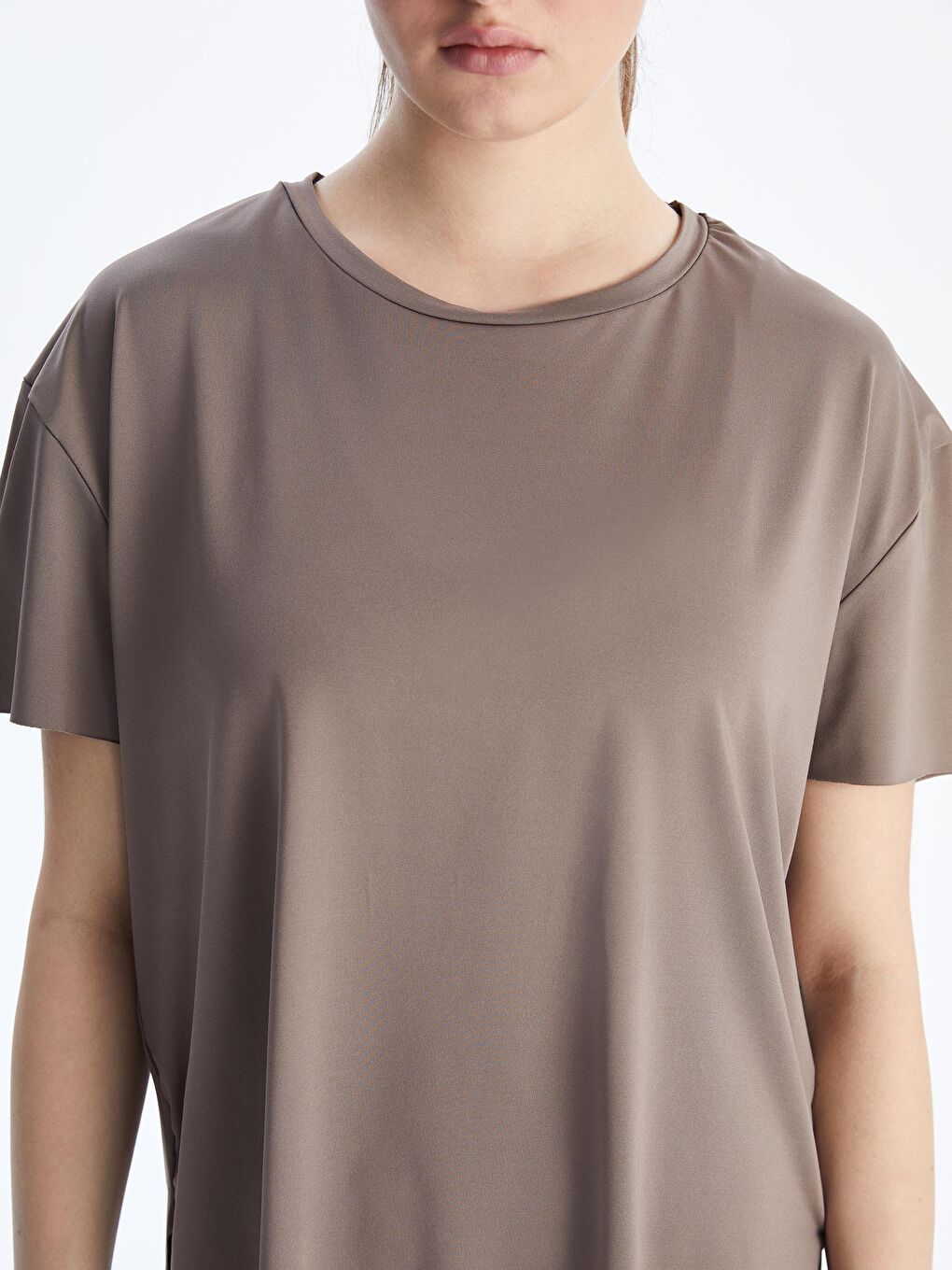 Kahverengi Bisiklet Yaka Modal Karışımlı Kadın Spor Tişört-2