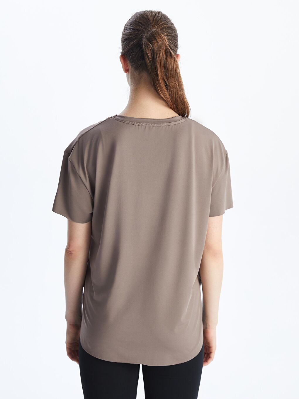 Kahverengi Bisiklet Yaka Modal Karışımlı Kadın Spor Tişört-3