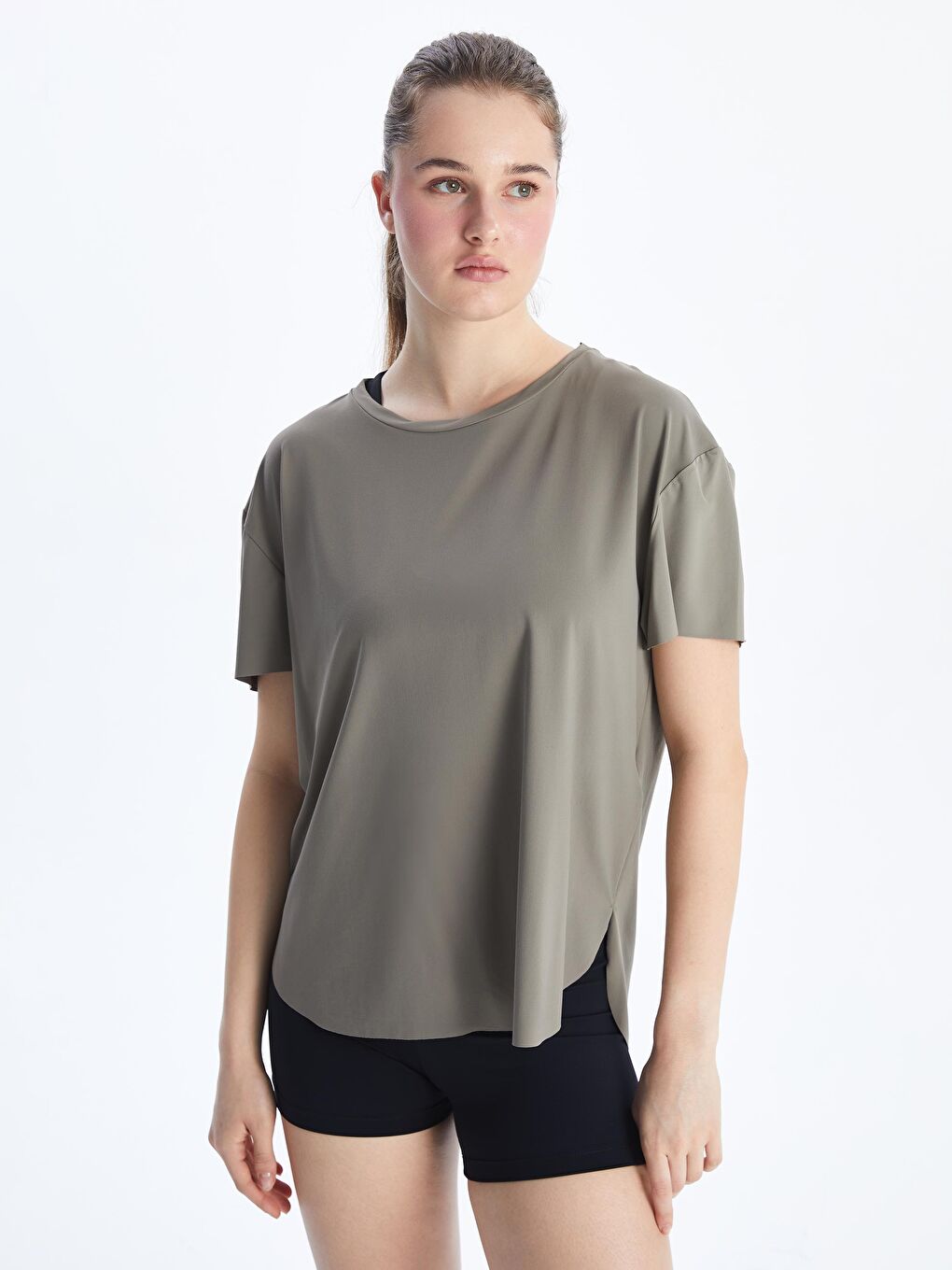 Haki Bisiklet Yaka Modal Karışımlı Kadın Spor Tişört