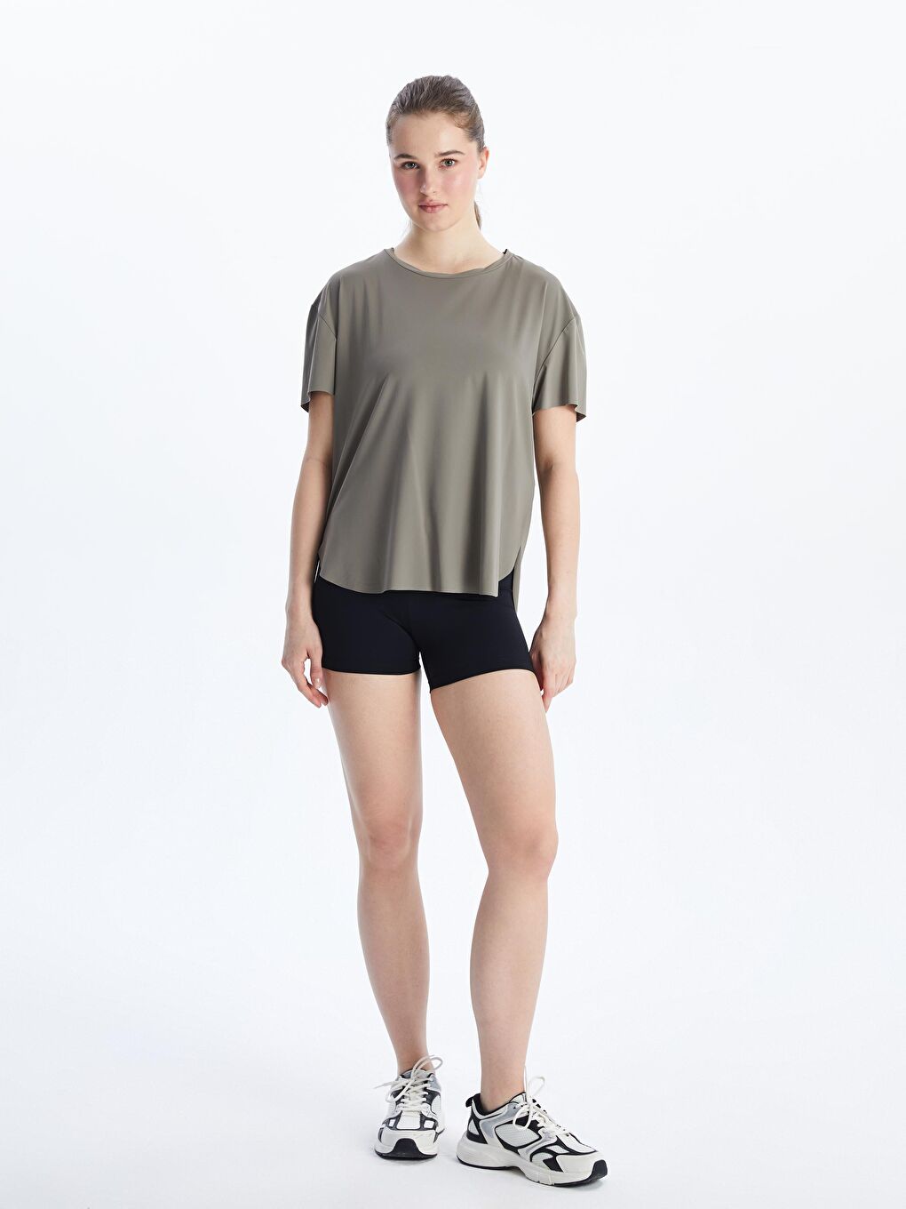 Haki Bisiklet Yaka Modal Karışımlı Kadın Spor Tişört-1