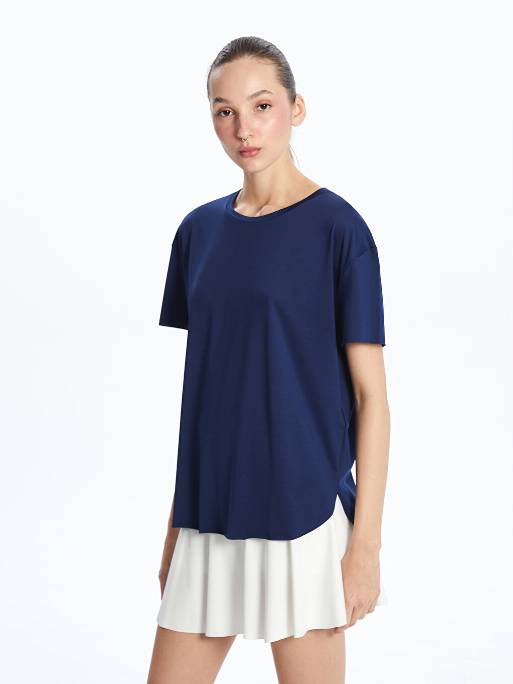 Lacivert Bisiklet Yaka Modal Karışımlı Kadın Spor Tişört