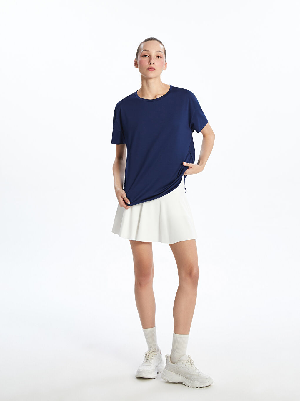 Lacivert Bisiklet Yaka Modal Karışımlı Kadın Spor Tişört-1