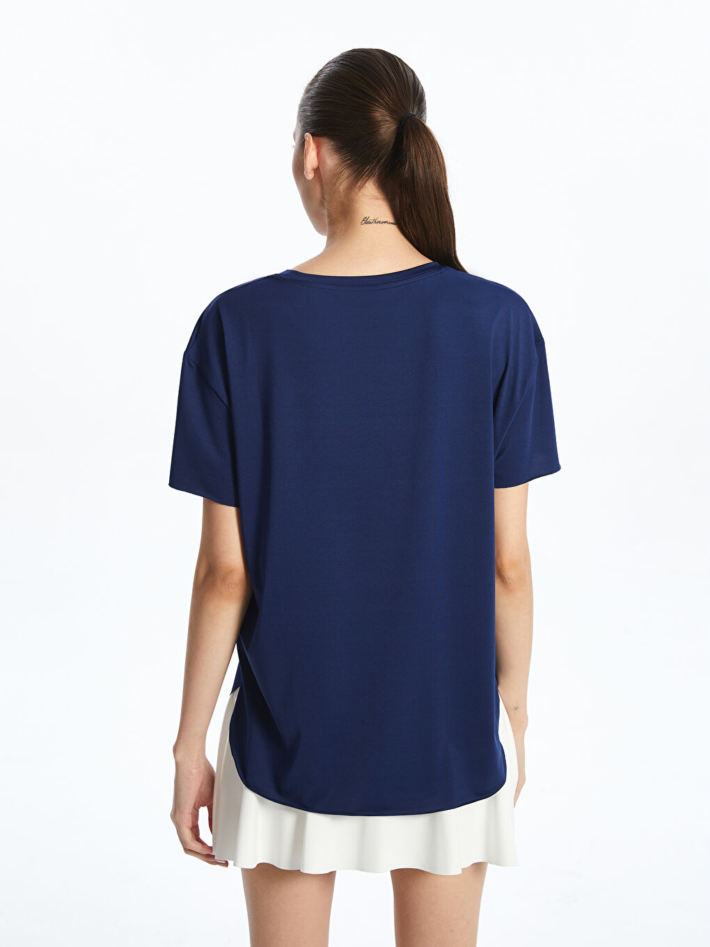 Lacivert Bisiklet Yaka Modal Karışımlı Kadın Spor Tişört-3