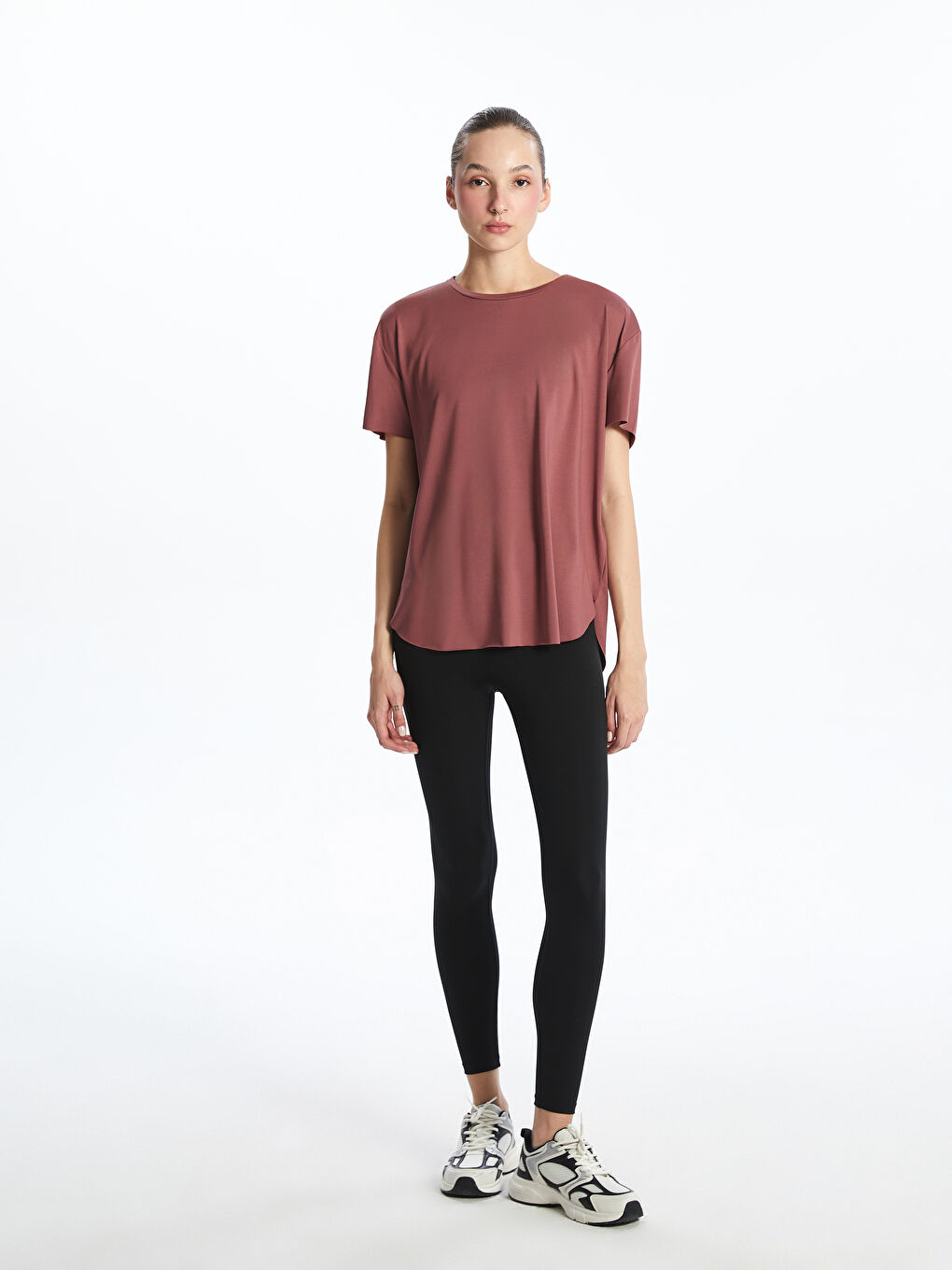 Pembe Bisiklet Yaka Modal Karışımlı Kadın Spor Tişört-1