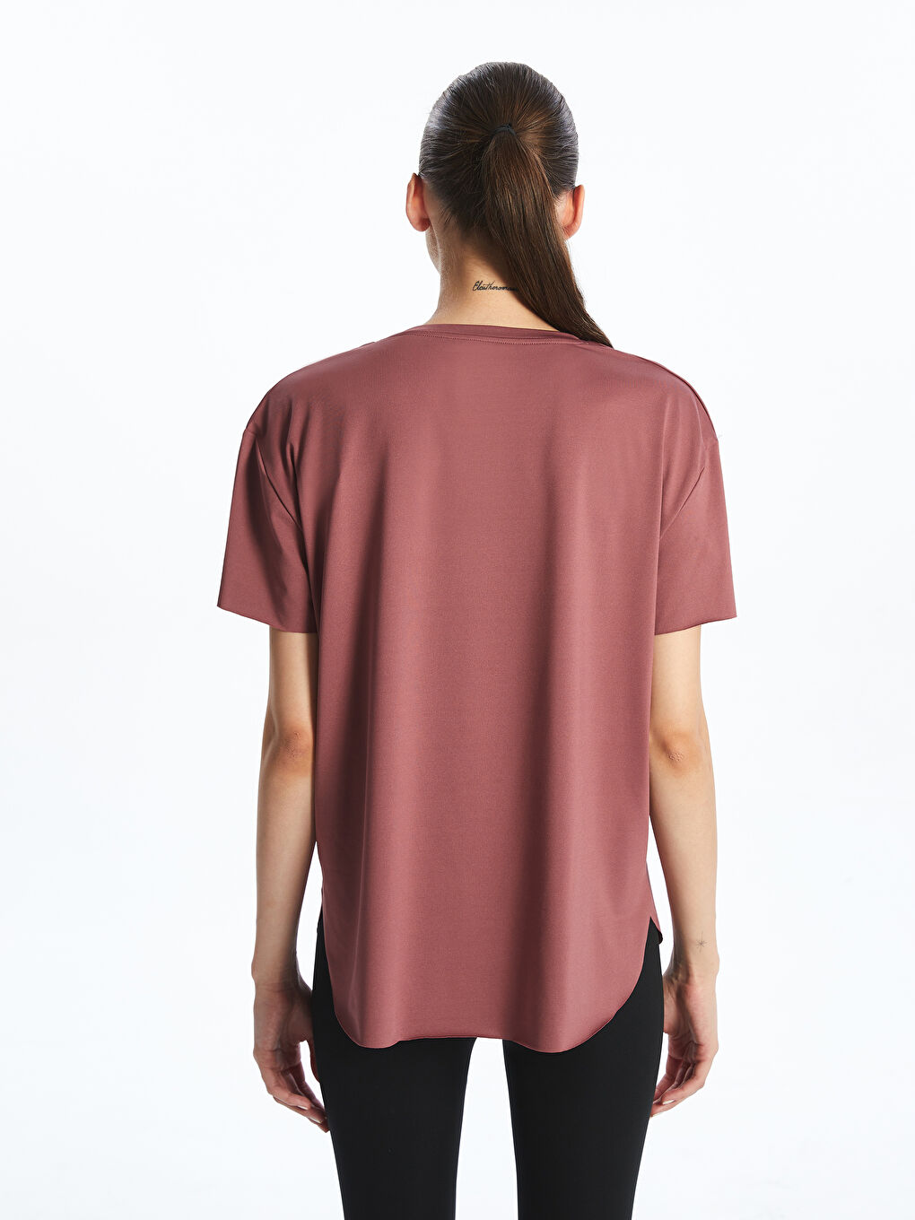 Pembe Bisiklet Yaka Modal Karışımlı Kadın Spor Tişört-3