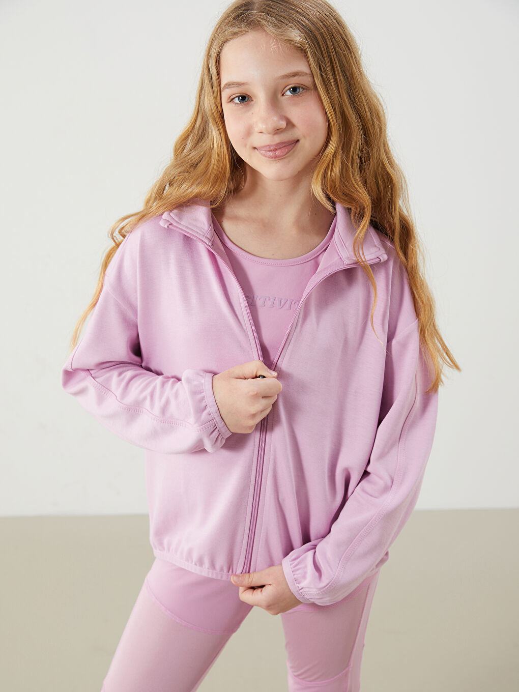 Lila Dik Yaka Kız Çocuk Fermuarlı Sweatshirt