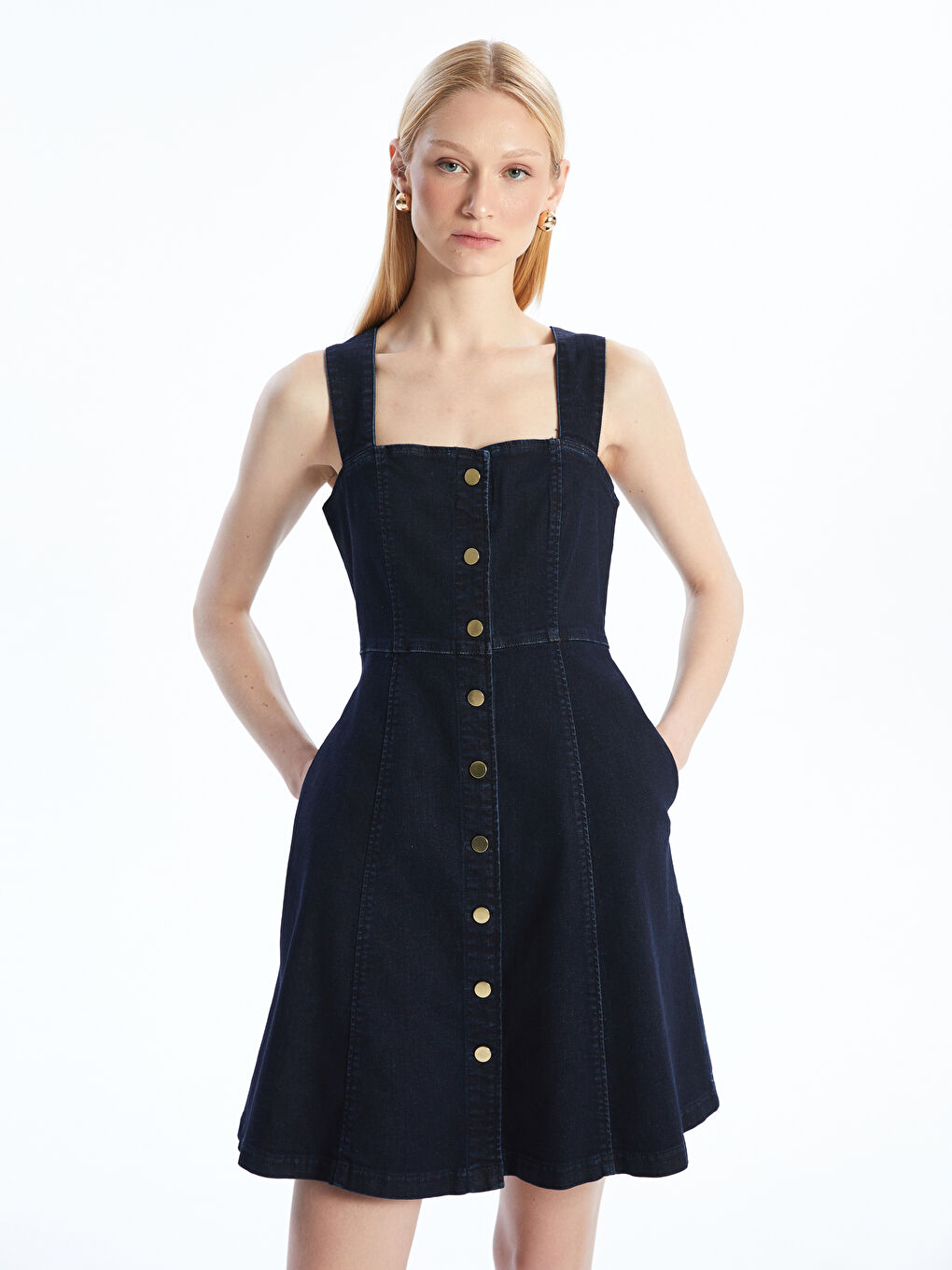 Lacivert Kalp Yaka Mini Jean Elbise