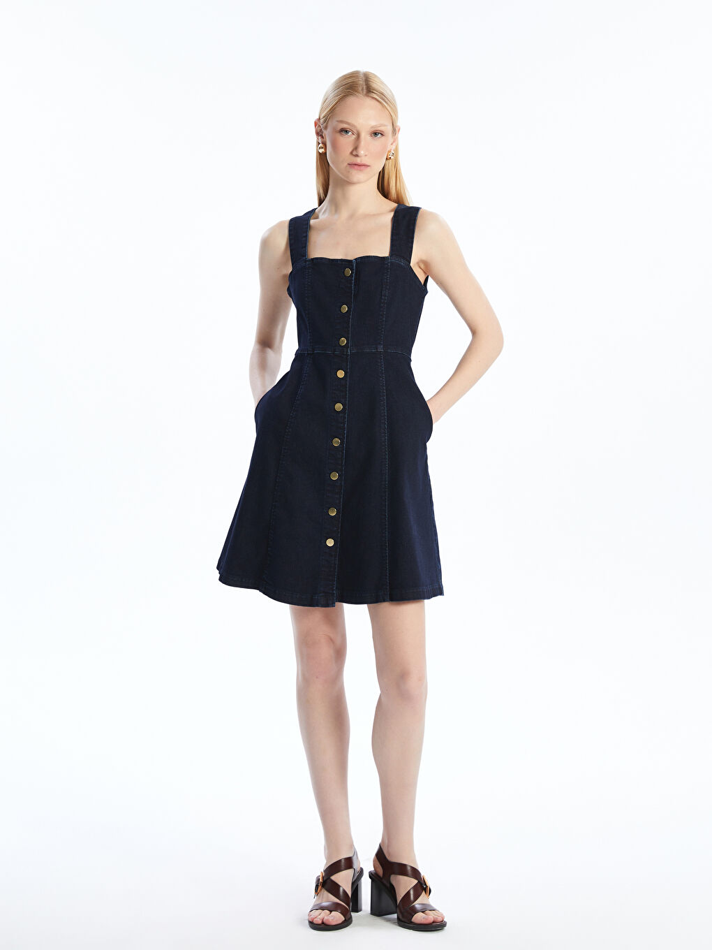 Lacivert Kalp Yaka Mini Jean Elbise-1