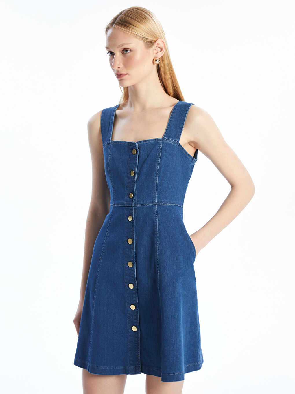 Natuvera Indigo Kalp Yaka Mini Jean Elbise