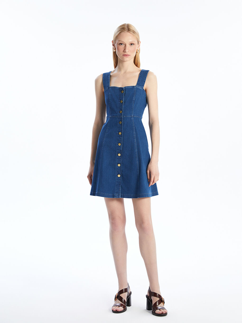 Natuvera Indigo Kalp Yaka Mini Jean Elbise - 1