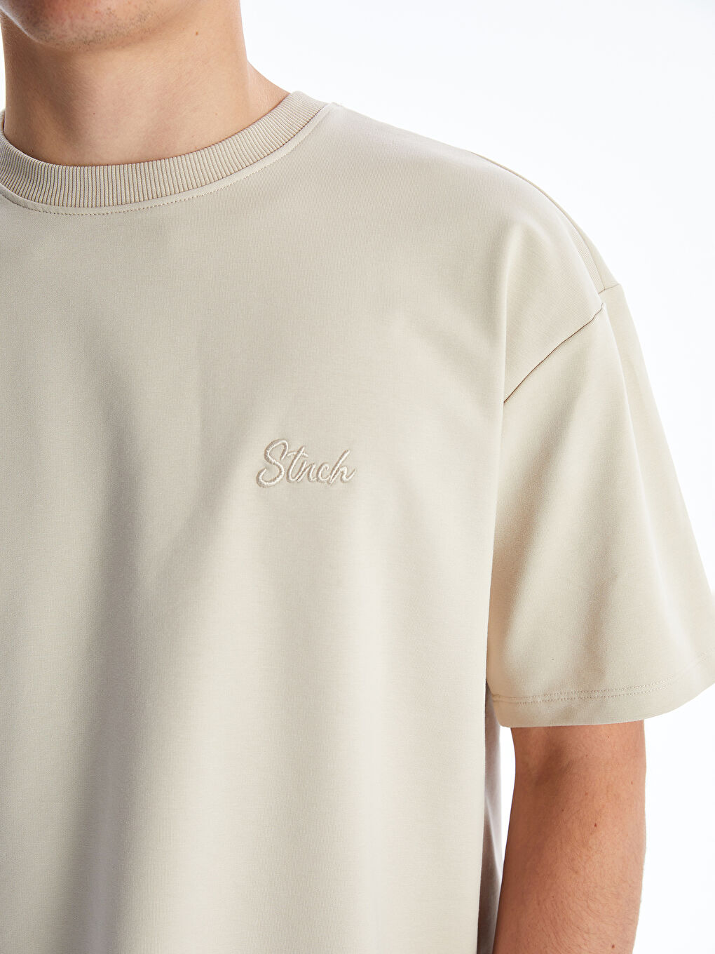 Bej Bisiklet Yaka Erkek Tişört-2