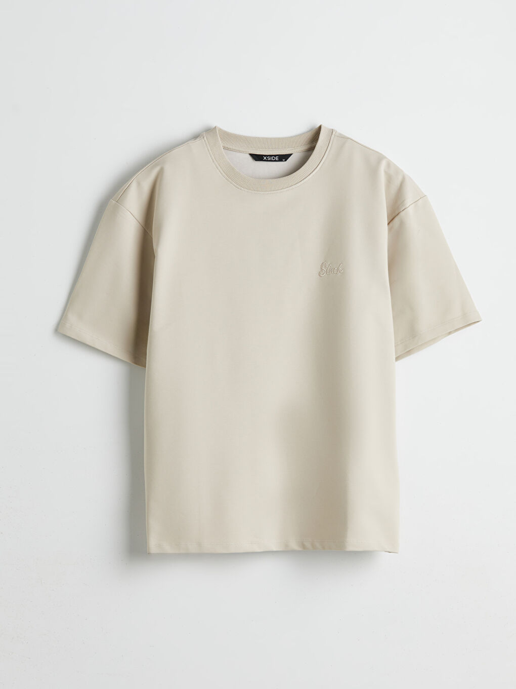 Bej Bisiklet Yaka Erkek Tişört-4