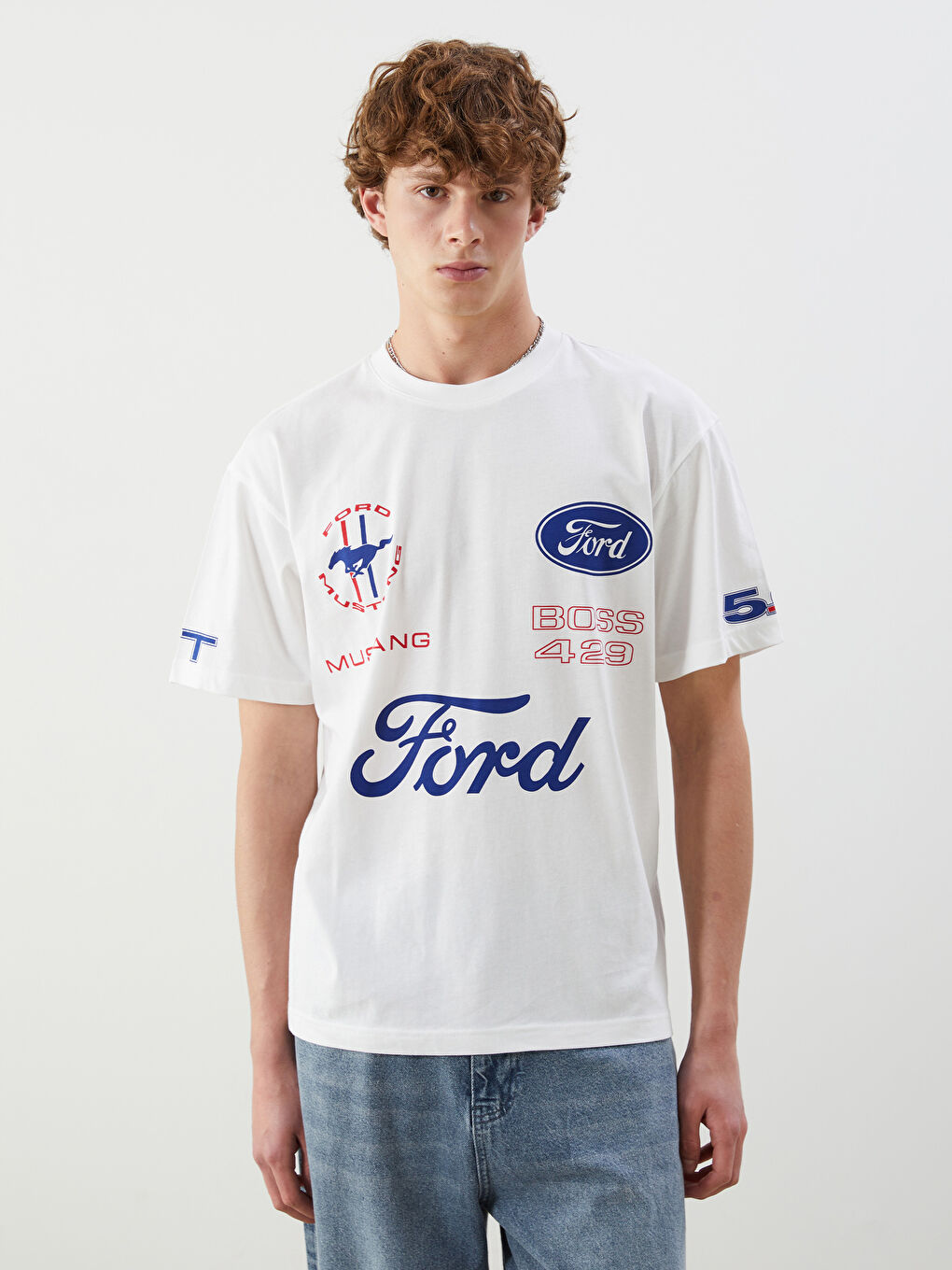 Ekru Bisiklet Yaka Baskılı Penye Erkek Tişört