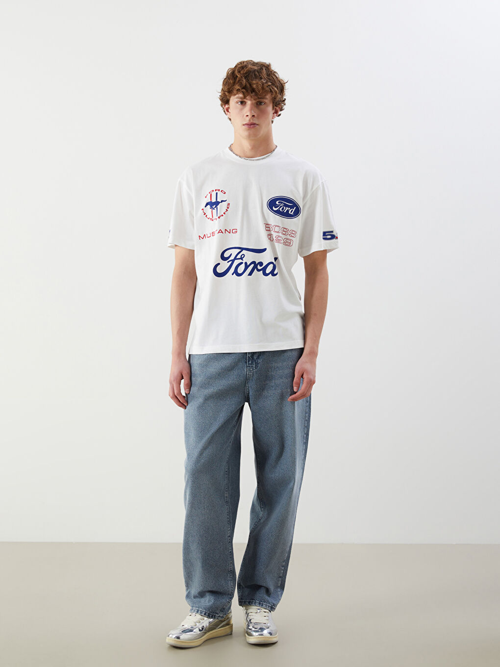 Ekru Bisiklet Yaka Baskılı Penye Erkek Tişört-1