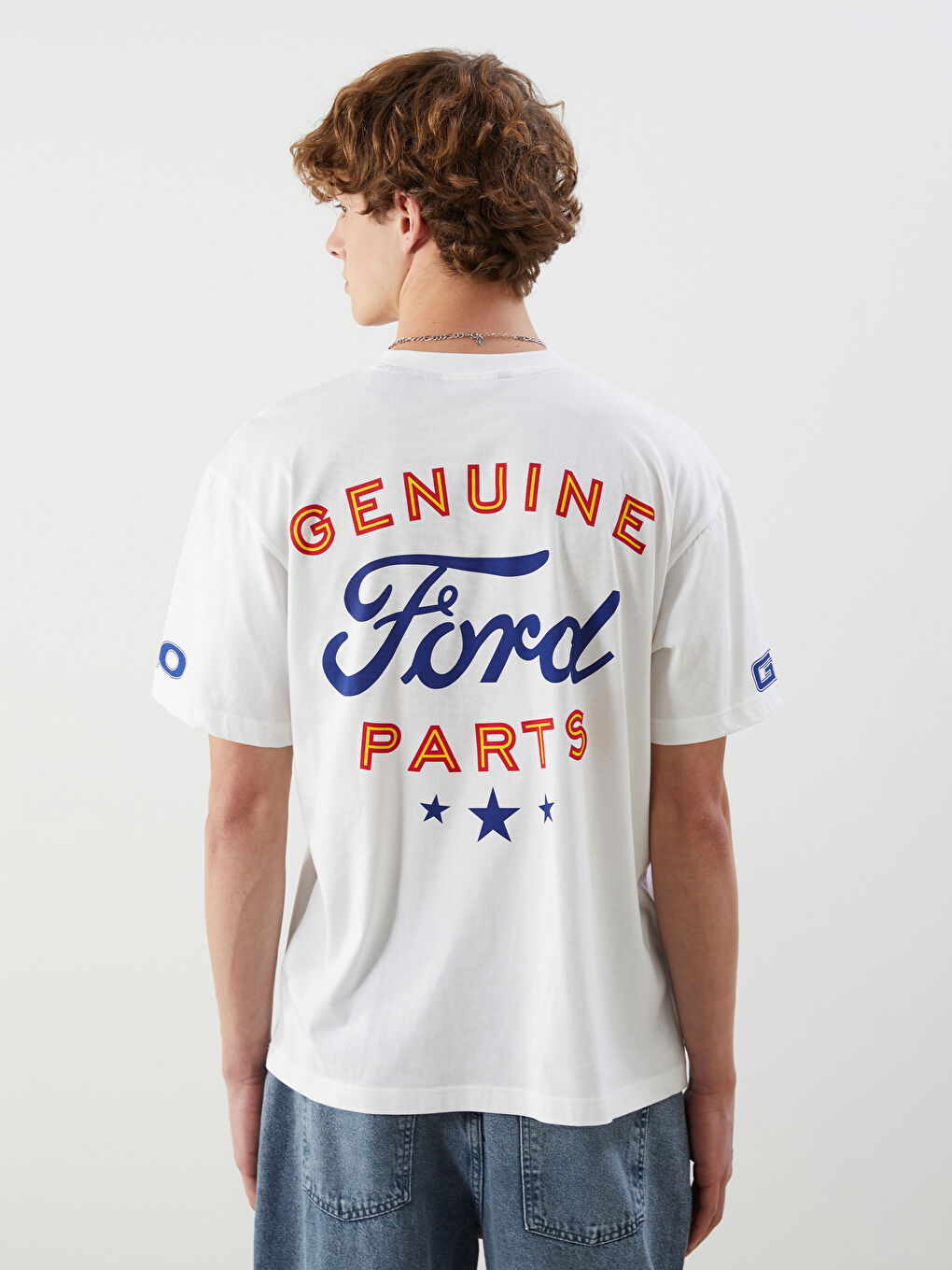 Ekru Bisiklet Yaka Baskılı Penye Erkek Tişört-3