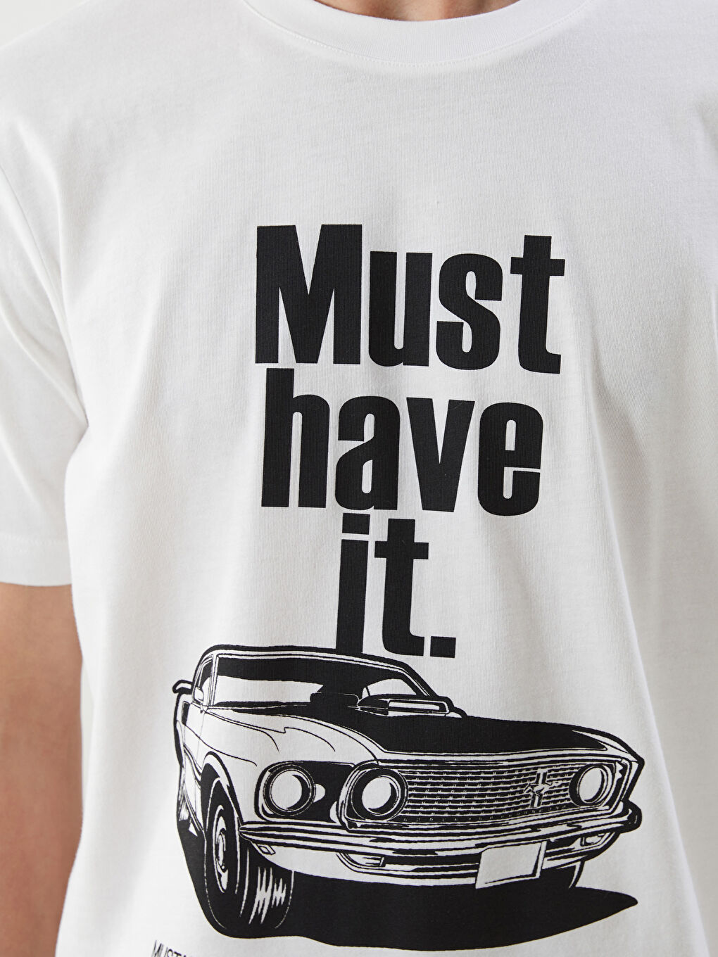 Ekru Bisiklet Yaka Ford Mustang Baskılı Penye Erkek Tişört-2