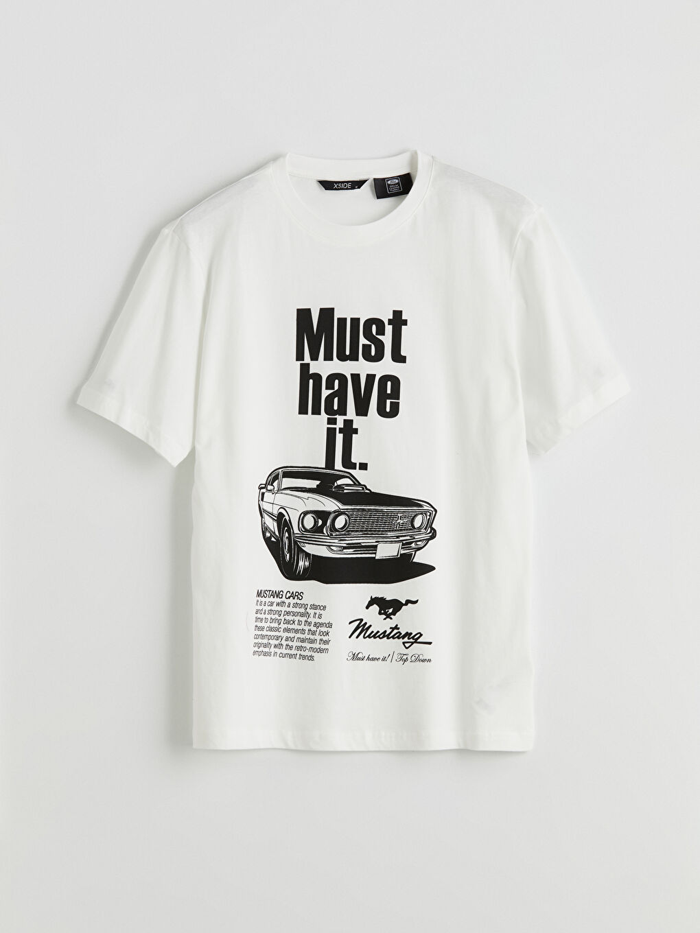 Ekru Bisiklet Yaka Ford Mustang Baskılı Penye Erkek Tişört-4