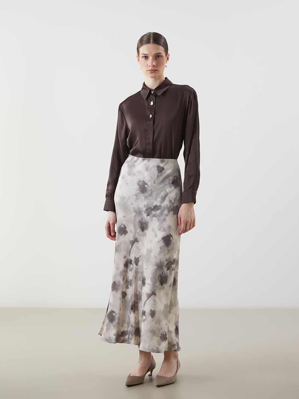 Kahverengi Loose Fit Saten Kadın Gömlek Tunik-1