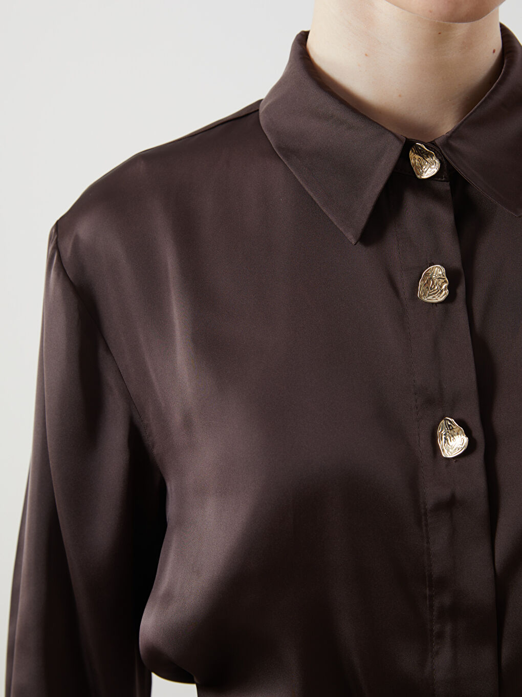 Kahverengi Loose Fit Saten Kadın Gömlek Tunik-2