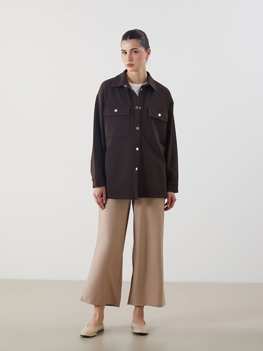 Kahverengi Düz Oversize Kadın Gömlek Tunik-1
