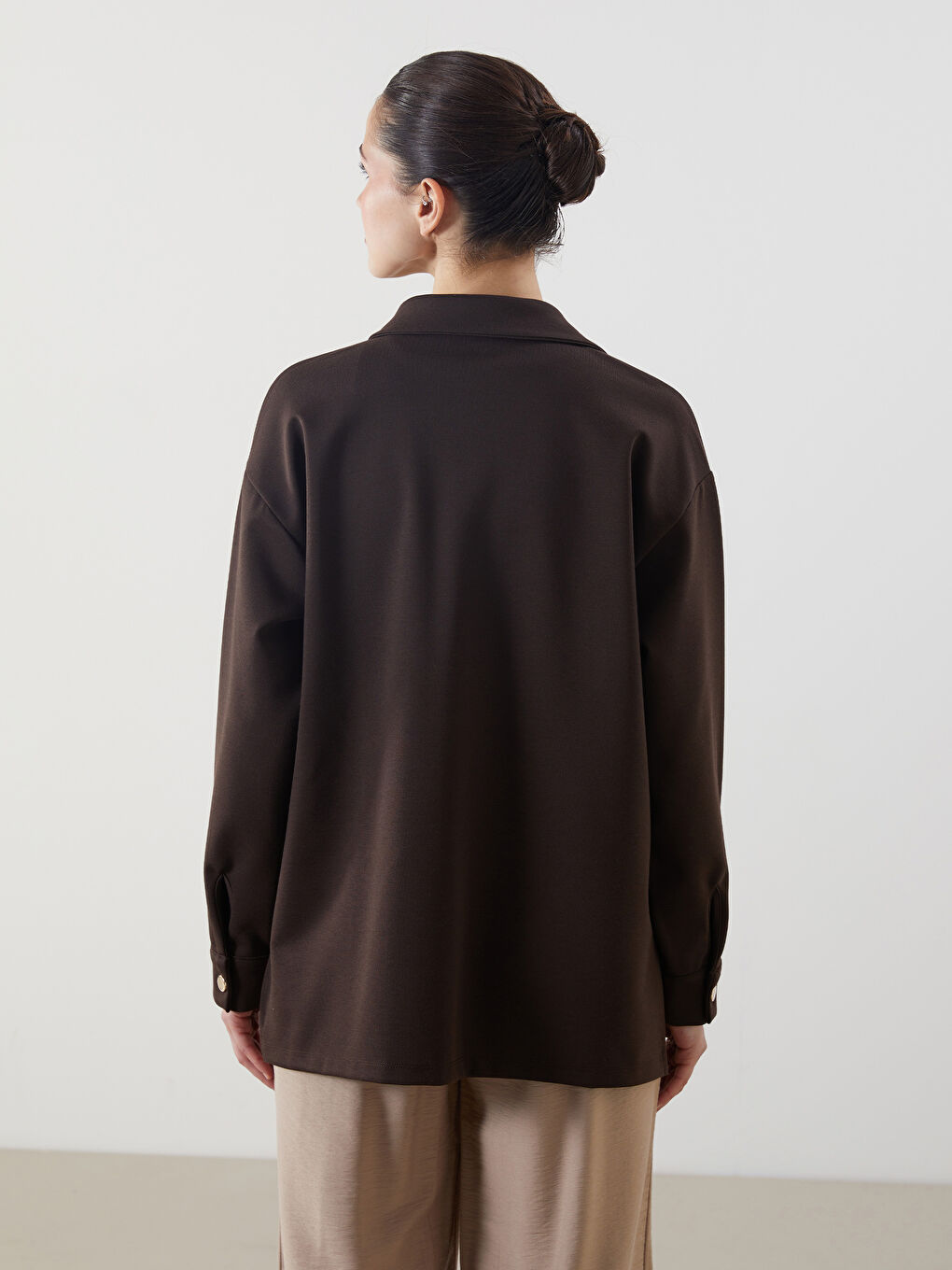 Kahverengi Düz Oversize Kadın Gömlek Tunik-3