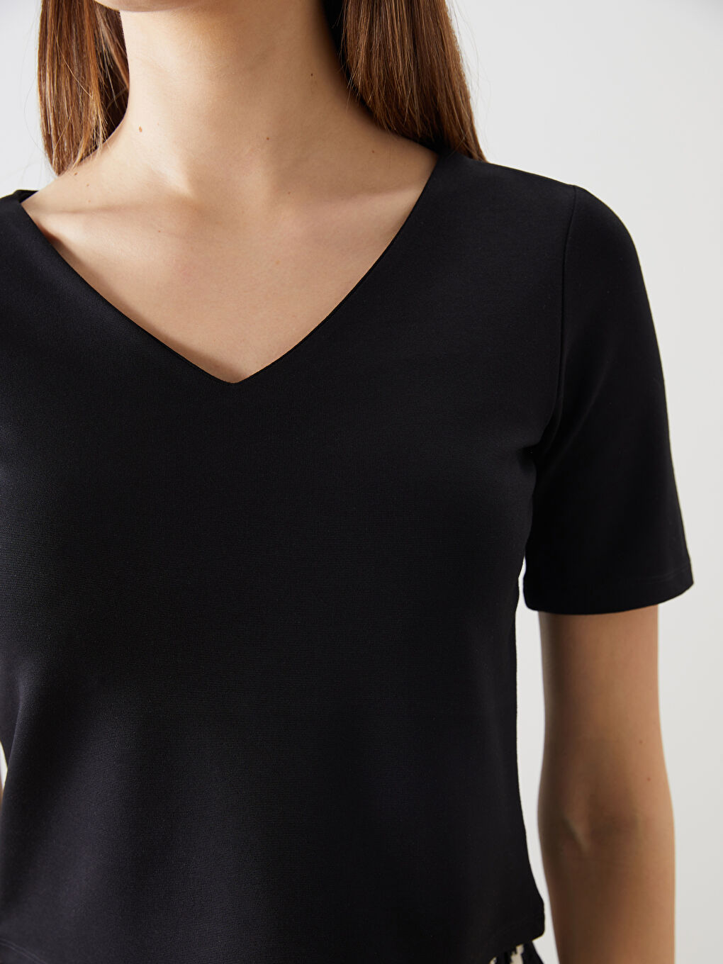 Siyah V Yaka Bodycon Bluz-2