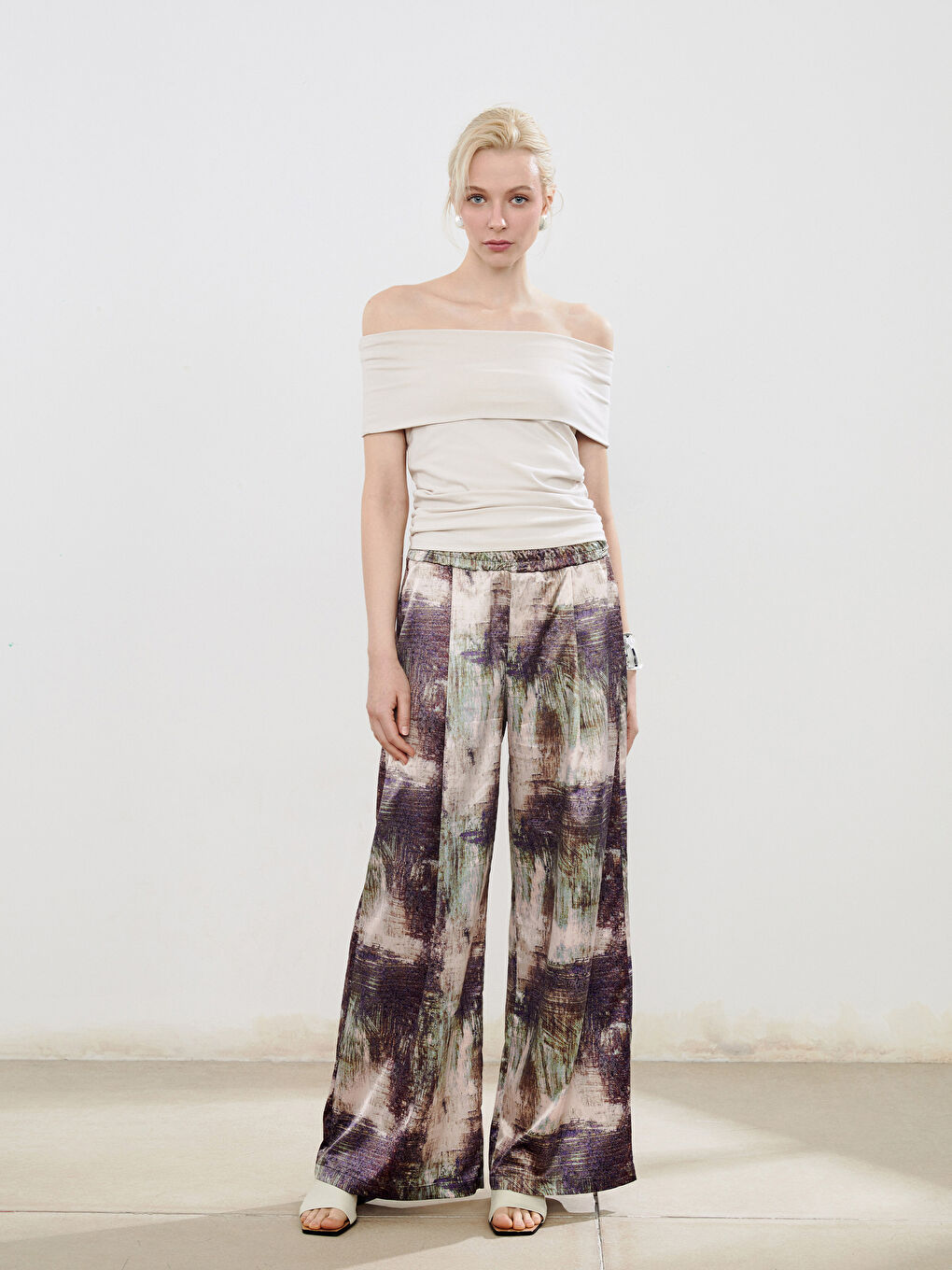 Elasticated Waist Patterned Wide Leg Women's Trousers