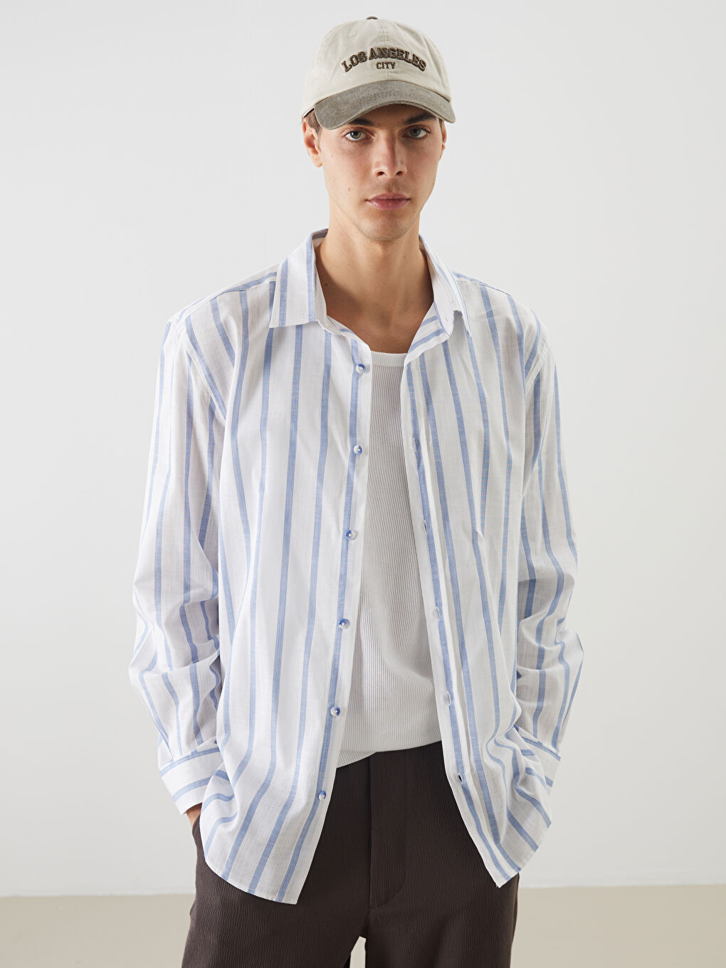 Mavi Regular Fit Uzun Kollu Keten Görünümlü Erkek Gömlek