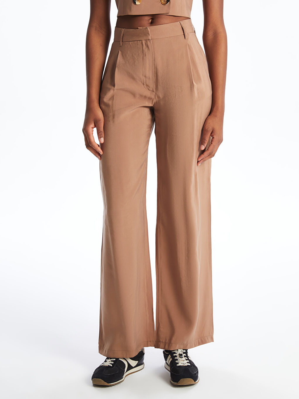 Kahverengi Loose Fit Geniş Paça Kadın Pileli Pantolon-1