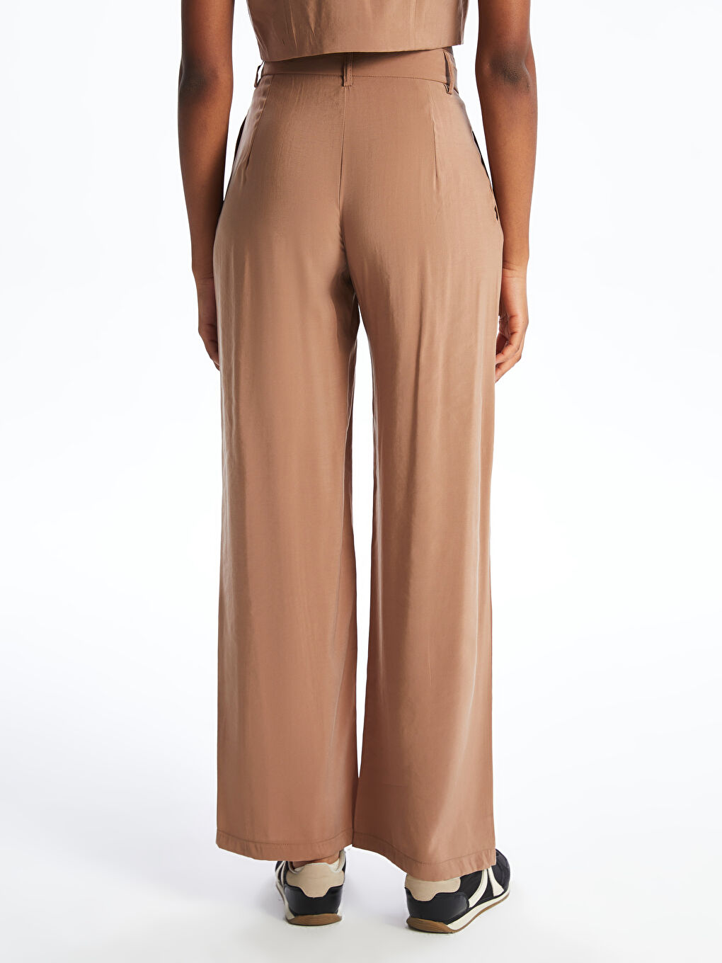 Kahverengi Loose Fit Geniş Paça Kadın Pileli Pantolon-3