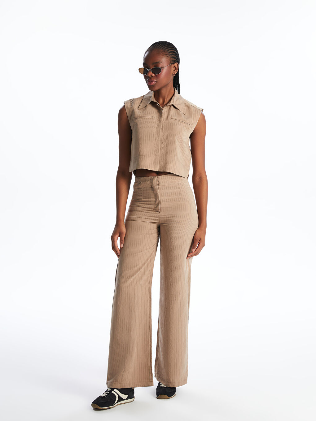 Kahverengi Çizgili Modal Karışımlı Kadın Pileli Pantolon