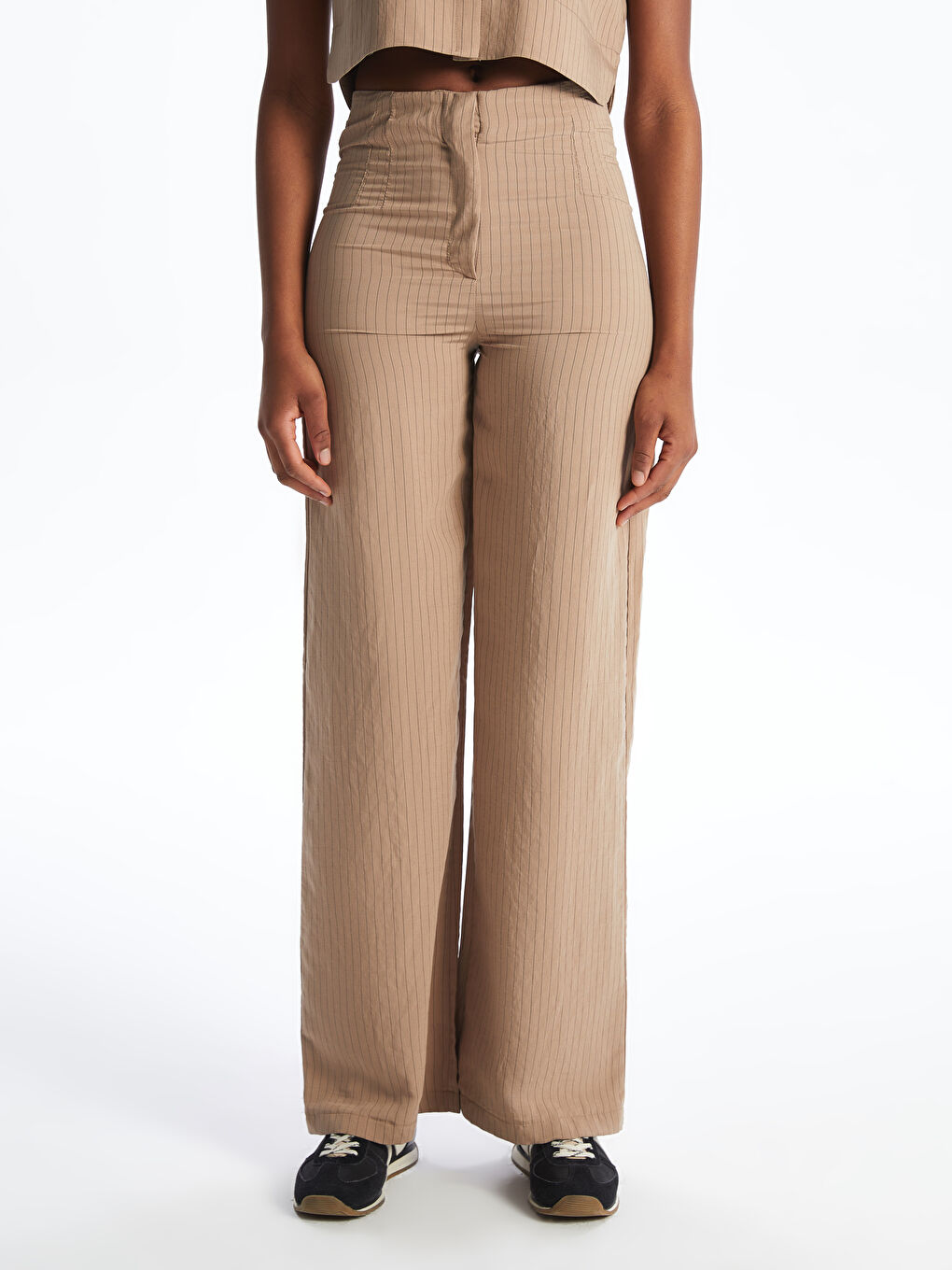 Kahverengi Çizgili Modal Karışımlı Kadın Pileli Pantolon-1