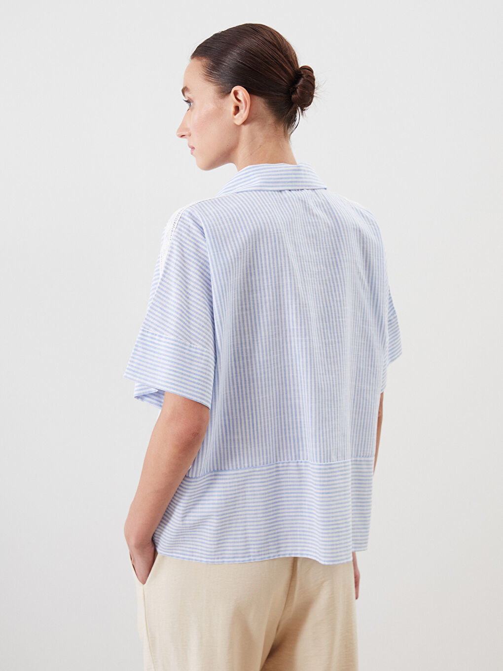 Ekru Çizgili Dantel Detaylı Oversize Kadın Gömlek-3