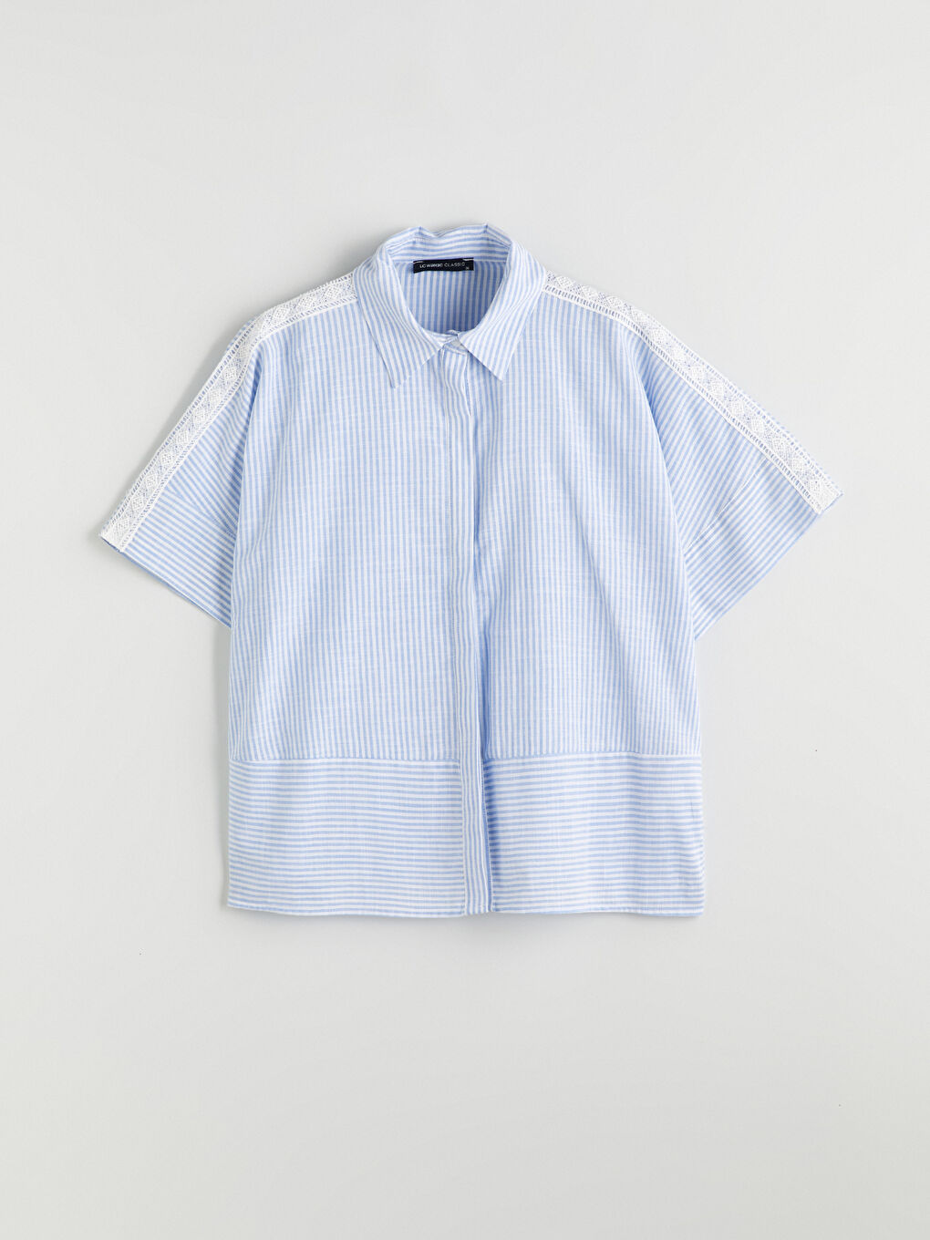 Ekru Çizgili Dantel Detaylı Oversize Kadın Gömlek-4