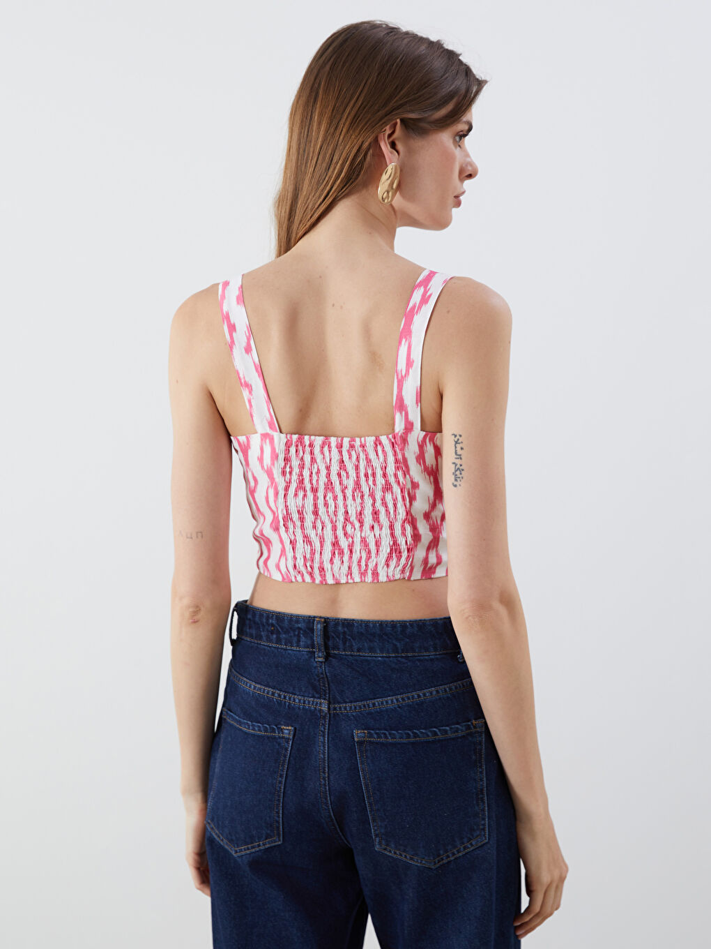 Pembe Kare Yaka Desenli Askılı Crop-3