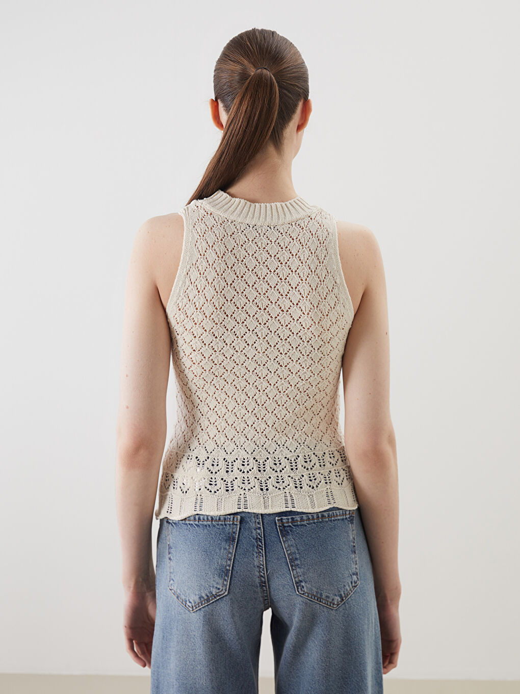 Bej Bisiklet Yaka Ajurlu Kadın Triko Atlet-3