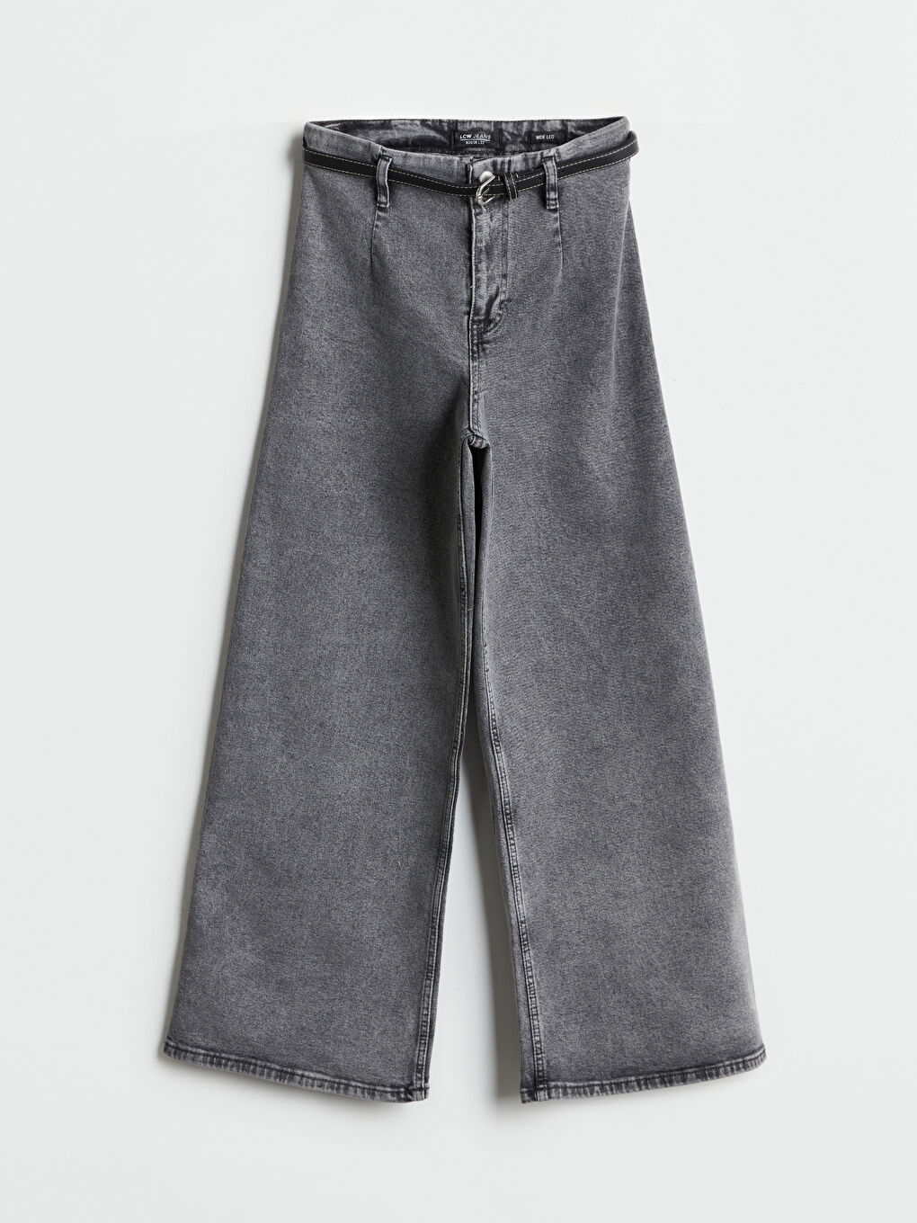 Gri Beli Kemerli Wideleg Kadın Jean Pantolon-4