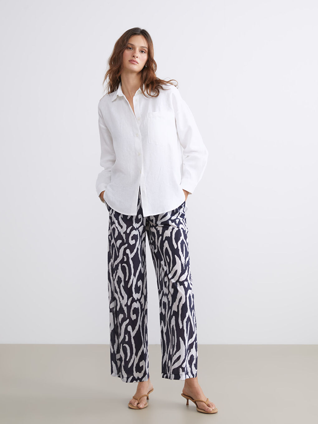 LCW Vision Elasticated Waist Patterned Wide Leg Women's Trousers -S5OI13Z8-LQN