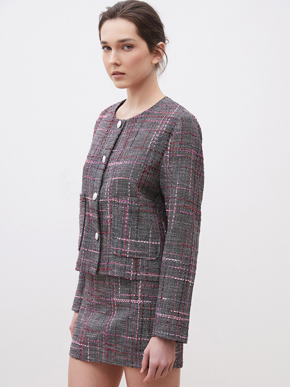 Crew Neck Plaid Women'S Tweed Jacket -S5OI72Z8-LLH