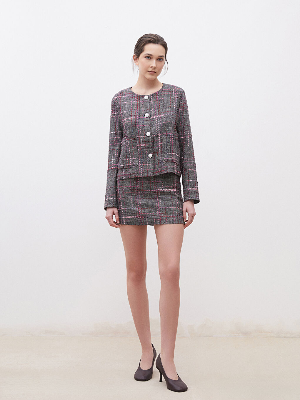 Crew Neck Plaid Women'S Tweed Jacket -S5OI72Z8-LLH