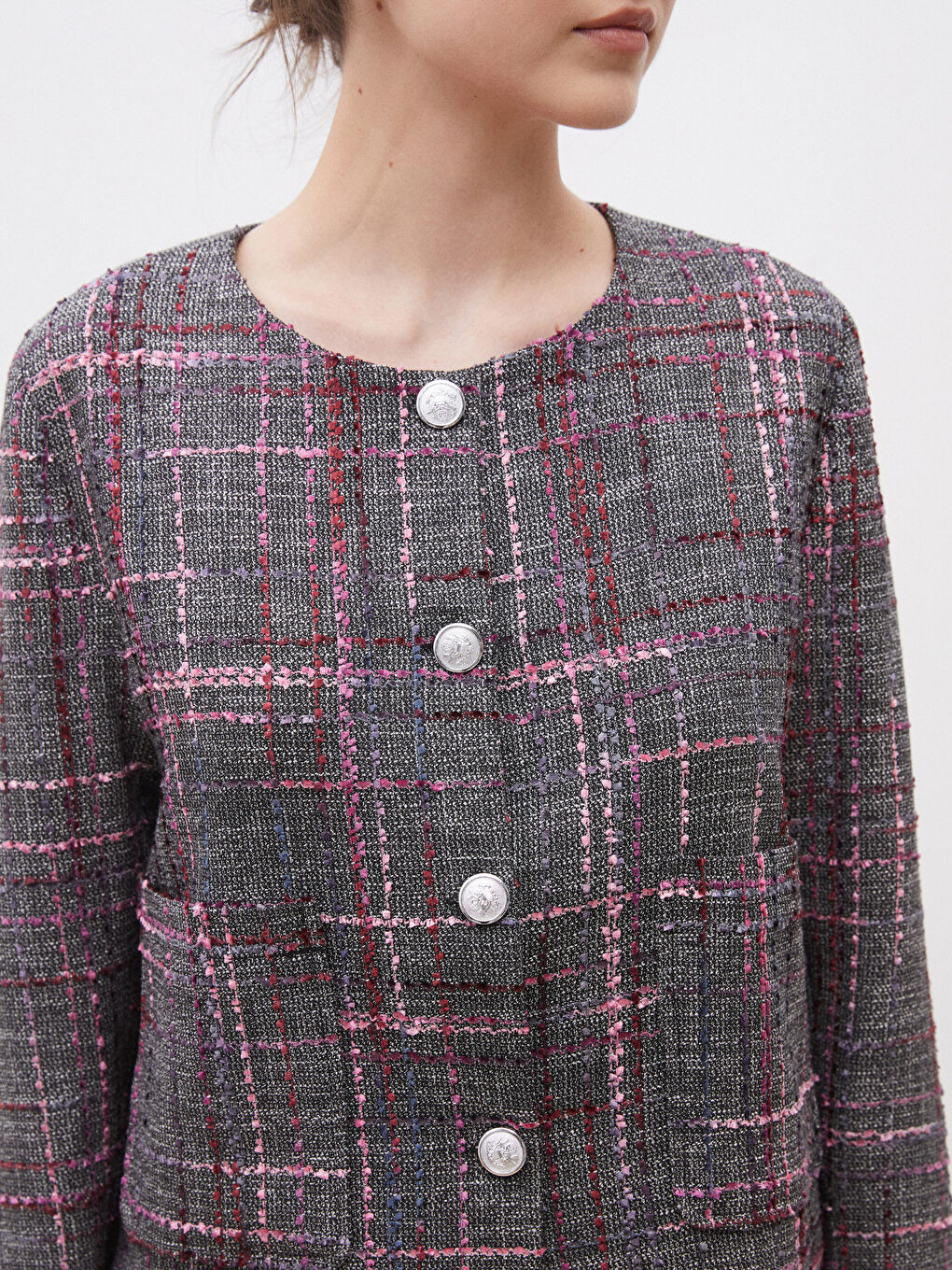 Crew Neck Plaid Women'S Tweed Jacket -S5OI72Z8-LLH