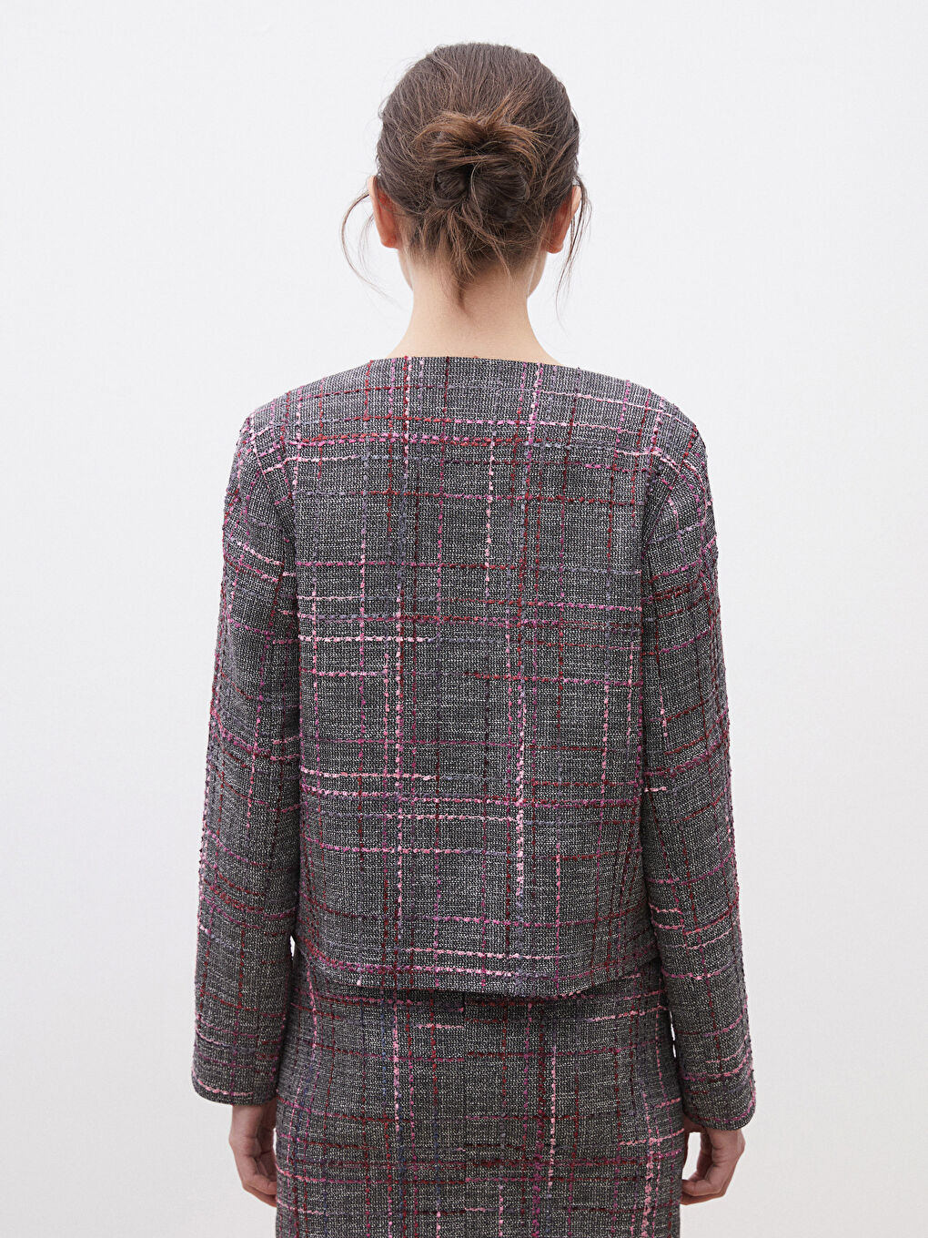 Crew Neck Plaid Women'S Tweed Jacket -S5OI72Z8-LLH