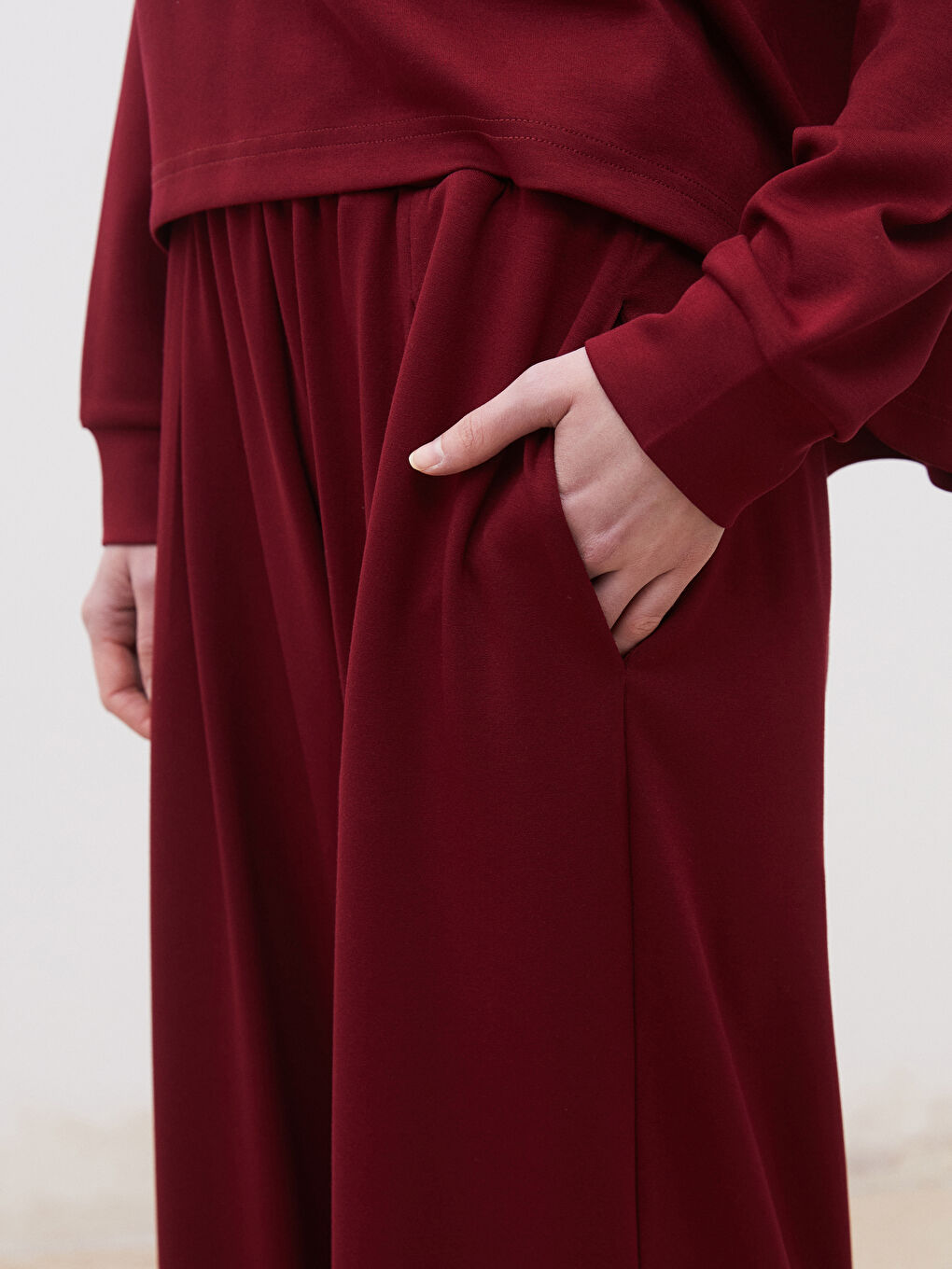 Bordo Beli Lastikli Geniş Paça Kadın Eşofman Altı-2