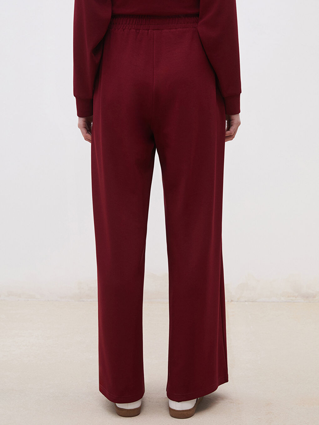 Bordo Beli Lastikli Geniş Paça Kadın Eşofman Altı-3