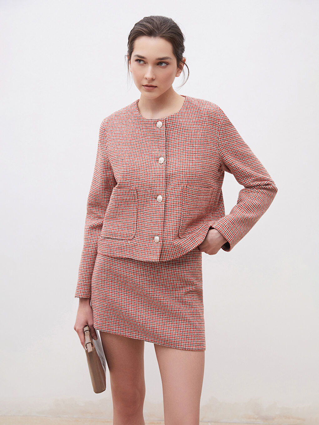 Kırmızı Bisiklet Yaka Ekose Kadın Tüvit Ceket