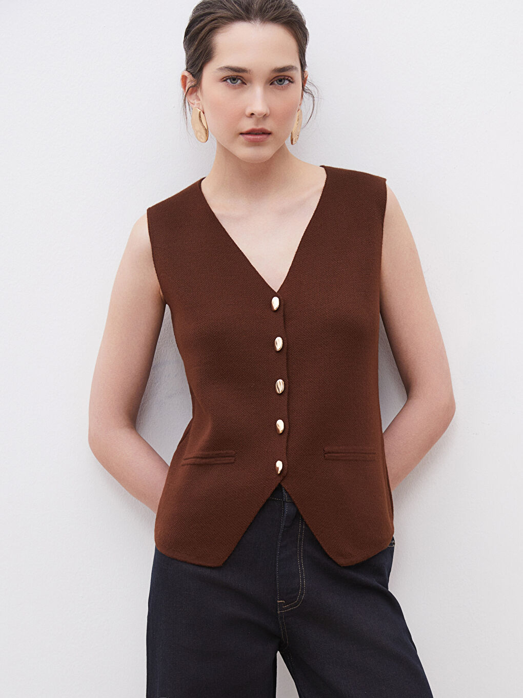 V Neck Regular Women's Tricot Vest -S5OI78Z8-J0W