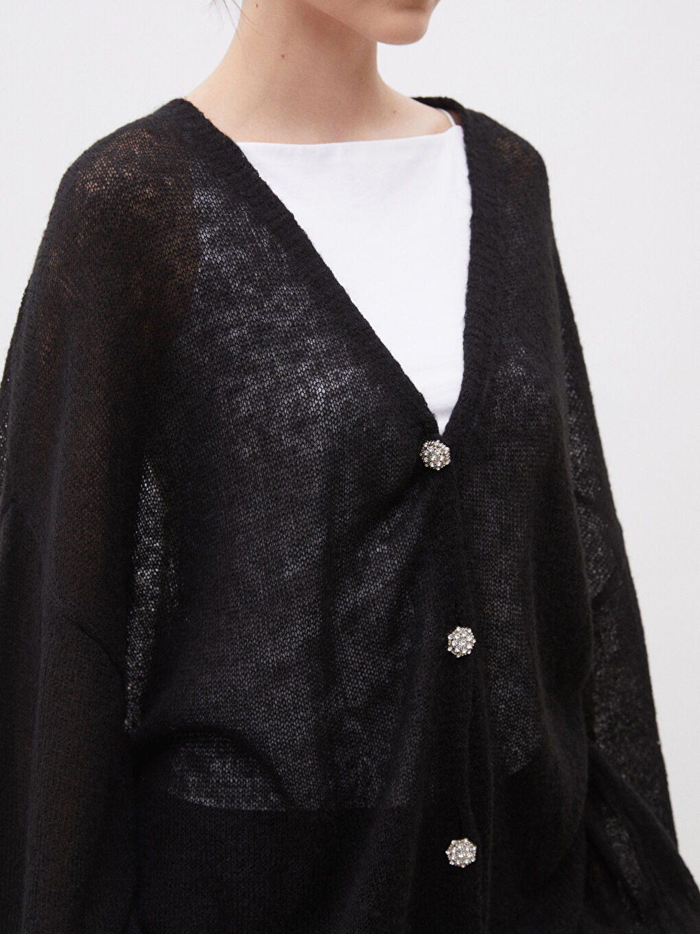 Siyah V Yaka Yün Karışımlı Kadın Triko Hırka-2