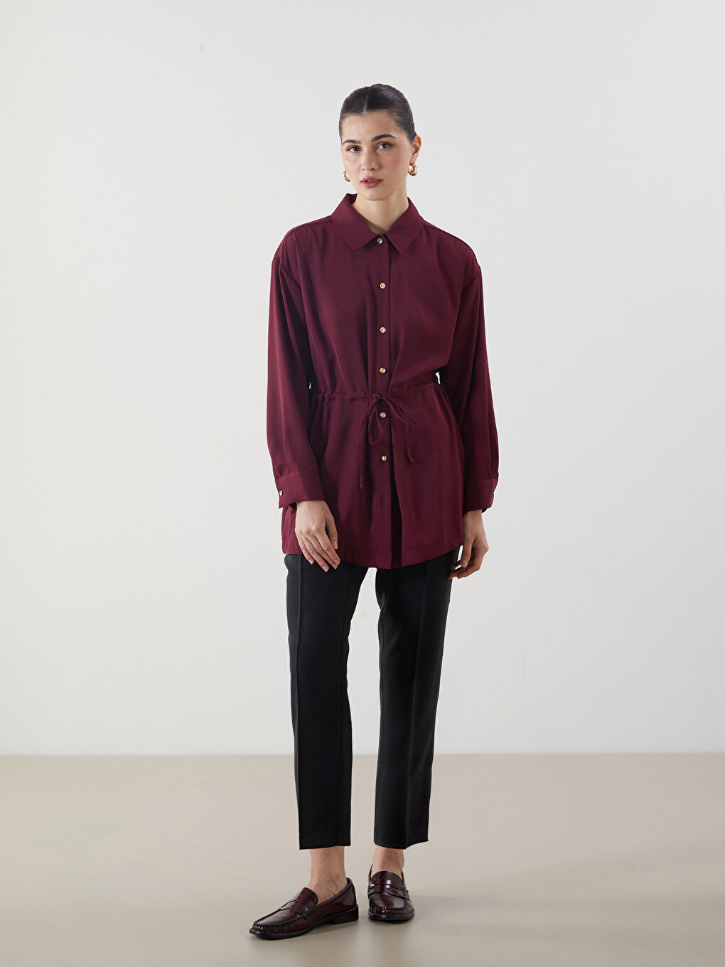 Bordo Loose Fit Kadın Gömlek Tunik-1
